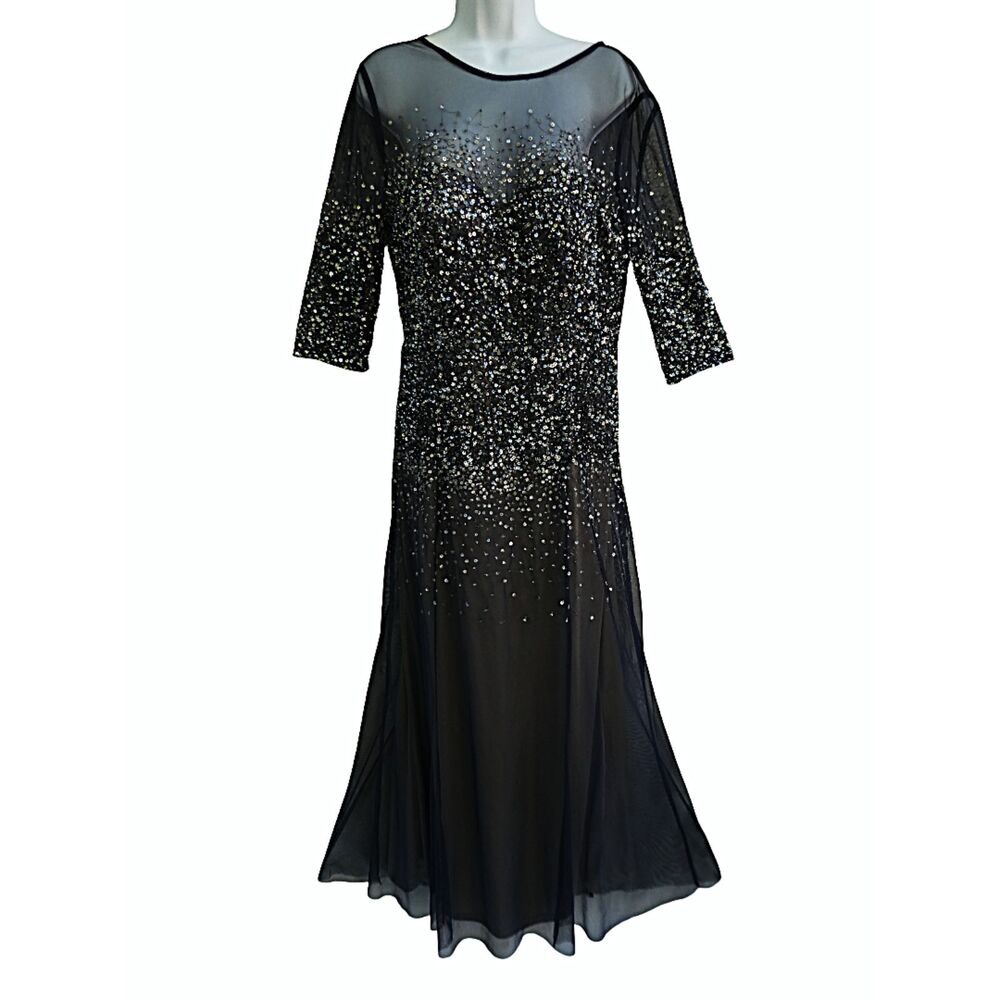Adrianna Papell Sequin Illusion Gown Sheer Black Mesh Neckline Evening Dress 14